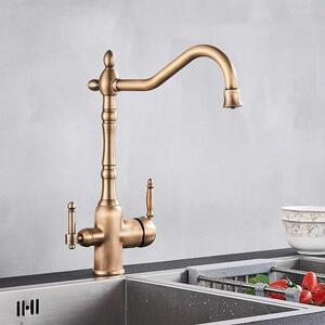 Rubinetto da cucina con filtro dell'acqua - Miscelatore per lavello - Girevole a 360° - Con due manopole - Acqua calda e fredda - Doccetta estraibile - Montaggio a foro singolo - Ottone anticato