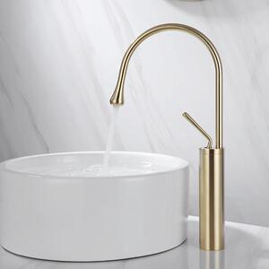 Miscelatore moderno per lavabo – Rubinetto da bagno – Modello alto – Miscelatore monocomando per lavabo – Montaggio a incasso con un foro – Valvola in ottone con inserto in Vetroceramica – Finitura dorata spazzolata