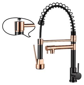Miscelatore da cucina UnboxG, nero e rosa oro, in ottone massiccio, con doccetta estraibile, rubinetto aggiuntivo, 2 tipi di getto, girevole a 360° e per acqua calda/fredda