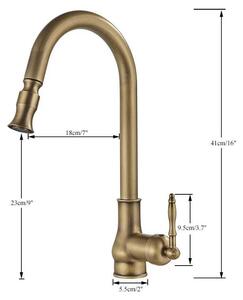 Miscelatore monocomando per lavello da cucina - Modello SA813. Dotato di doccetta estraibile, controllo dell'acqua calda e fredda, installazione con un foro e finitura in ottone anticato