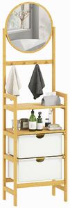 HOMCOM Mensola da Bagno in Bambù con Specchio con 4 Ganci 2 Ripiani Aperti e 2 Cassetti in Tessuto 48,5x30x170 cm Naturale | Aosom Italy