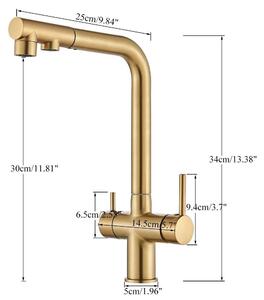 Miscelatore per cucina con filtro estraibile - Miscelatore con due manopole per acqua calda e fredda - Installazione su piano cottura con un foro - Realizzato in ottone - Finitura dorata spazzolata