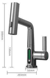 Rubinetto da cucina a cascata – Miscelatore monocomando da parete – Doccetta estraibile – Display digitale della temperatura – Miscelatore per acqua calda e fredda – Ottone lucidato – Grigio