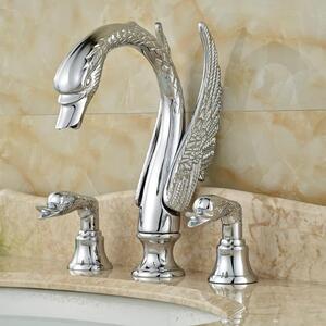 Miscelatore per lavabo a forma di cigno - Miscelatore per lavabo a 3 fori - Montaggio a incasso - Miscelatore a due manopole - Acqua calda e fredda - Ottone cromato