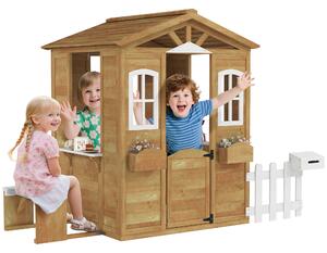 Outsunny Casetta per Bambini in Legno con Finestre, Staccionata e Panca, 205x119x140 cm, Legno Naturale