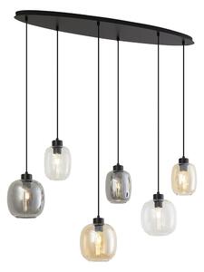 Lampada a sospensione nera con vetro ambrato, fumé e trasparente a 6 luci - Elena