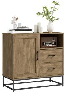 HOMCOM Credenza Moderna con 2 Cassetti, Armadietto Regolabile e Ripiano Aperto, in Legno e Acciaio, 80x40x78 cm, Marrone