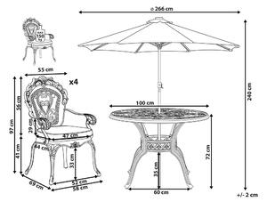Set da pranzo da giardino tavolo rotondo da esterno alluminio marrone e ombrellone 4 sedie vintage Beliani