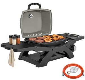 Barbecue a gas da 3,3 kW, modello da tavolo con 1 bruciatore, tavolini laterali ribaltabili, griglie in ghisa rimovibili, vaschetta raccogli-grasso