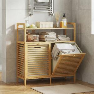 DecHome Mobile Portabiancheria con 2 Cesti da 41L e 2 Ripiani, in Bamb e Poliestere, 82x33x88 cm, colore Legno/Crema
