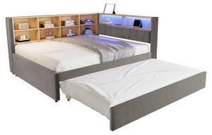 Divano letto 140x200 cm con letto estraibile 90x190 cm, illuminazione LED, prese USB, Type C e presa di corrente, numerosi scomparti portaoggetti, tessuto in flanella, colore grigio scuro