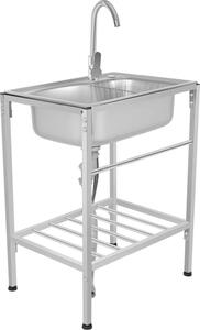 Lavello in acciaio inossidabile – Lavello singolo autoportante per uso commerciale – Acciaio inossidabile 304 – Adatto per cucine e ristoranti – Dotato di rubinetto per acqua fredda e calda – Scarico a forma di "V" – Colore argento