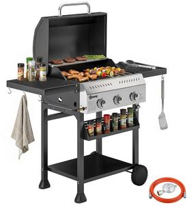 Barbecue a gas da 9 kW con 3 bruciatori, carrello in acciaio inossidabile, con tavolino laterale ribaltabile, portaspezie, ripiano inferiore e 6 ganci