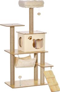 AllMyPets Tiragraffi per Gatti Albero Tiragraffi Multilivello con Casetta Amaca Scaletta e Corde in Juta Rivestimento Peluche 60x40x130cm Giallo - 