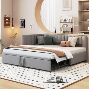 Letto imbottito 90x200 cm, grigio, divano letto a forma di L con letto estraibile, rivestito in velluto, struttura letto adatta per camerette e camere per gli ospiti