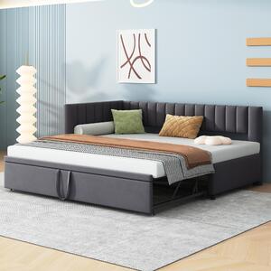 Letto imbottito 90x200 cm, grigio, divano letto a L con letto estraibile, rivestito in velluto, ideale per ottimizzare lo spazio nelle camere da letto