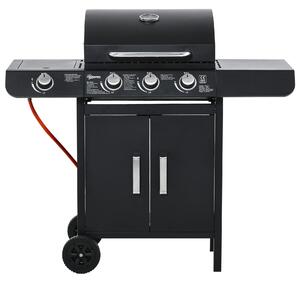 Barbecue a gas con 3 bruciatori principali + 1 bruciatore laterale, ripiano, acciaio inox, nero, 110 x 50 x 100 cm