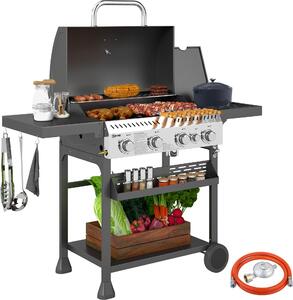Barbecue a gas, griglia BBQ, 4 bruciatori principali, 1 bruciatore laterale, 1 piastra riscaldante; 135 x 55 x 103 cm, nero