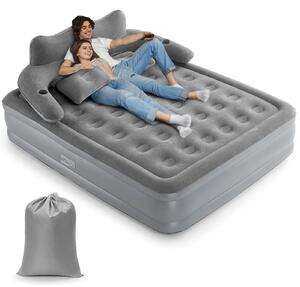 Materasso gonfiabile doppio - Letto gonfiabile con schienale - Superficie spessa e rivestita in tessuto - Letto pieghevole per ospiti - Adatto per interni ed esterni - Grigio