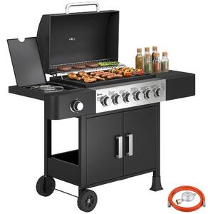 Griglia a gas da 17,8 kW con 6+1 bruciatori, carrello per barbecue in acciaio inossidabile, completo di ruote, bruciatore laterale, termometro, griglia in smalto