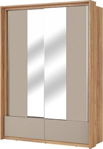 Armadio 2 porte con specchi, 2 cassetti, appendiabiti e 5 ripiani colori rovere e beige – Collezione VOX