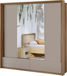 Armadio 2 porte con specchi, 2 cassetti, guardaroba e 5 scaffali color quercia e beige