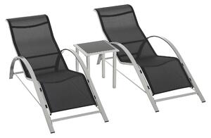 Outsunny Sdraio da Giardino Set 2 Lettino Prendisole con Tavolino con Vetro, Lettini Prendisole con Tessuto Traspirante 59x169x66cm, Nero|Aosom