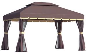 Outsunny Gazebo da Giardino Impermeabile con Doppio Tetto, Zanzariera e Teli Laterali, in Alluminio e Poliestere, 2.9 x 3.9 m, Color Caffè|Aosom