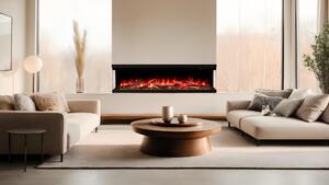 Camino elettrico a tre lati AFLAMO Unique 140 PRO – effetto fiamma premium – da appendere a parete e da incasso – 140x39x20 cm – camino a LED con riscaldamento 750/1500 W