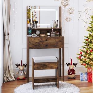 Costway Piccolo tavolo da trucco con 3 modalità di illuminazione e sgabello imbottito, Toeletta con specchio e luci Marrone