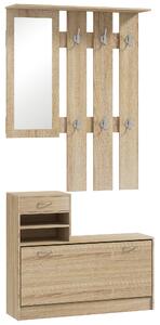 HOMCOM Mobile Appendiabiti 3 in 1 con Scarpiera e Specchio, Ganci e Cassetti, in Legno, 90x24x177 cm, color Quercia