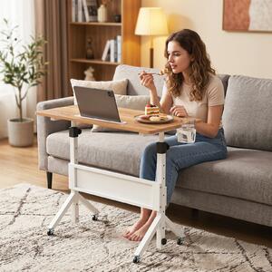 Costway Scrivania mobile in piedi regolabile 70-117 cm ruote bloccabili, Tavolo per laptop 80x40 cm con portabicchieri e cestino Naturale
