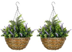 Outsunny Set 2 Piante Finte di Lisianthus con Vaso e Gancio, in PE e Vimini, Ø25x34 cm, Verde e Viola