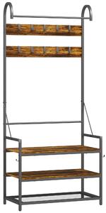 HOMCOM Appendiabiti da Ingresso con Asta, 10 Ganci, Panca e Scarpiera, in Legno e Metallo, 80x40x182 cm, Marrone e Nero | Aosom Italy