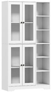 HOMCOM Credenza Cucina Alta, Mobile Dispensa con 4 Ante in Vetro Soft-Close, 6 Ripiani Aperti, Ripiani Regolabili Bianco | Aosom Italy