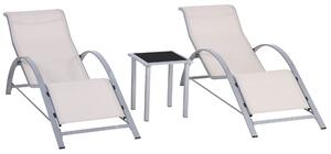 Outsunny Set 2 Sdraio da Giardino e Tavolino in Vetro, Lettino Prendisole con Tessuto Traspirante, 59x169x66cm, Crema | Aosom Italy