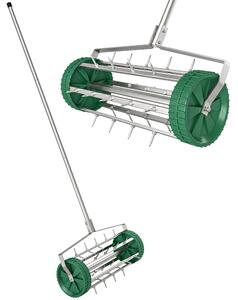 Outsunny Rastrello Scarificatore con Ruote da Giardino in Ferro zincato 135×42×15cm, Verde e argento | Aosom Italy