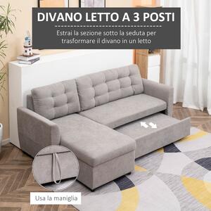 HOMCOM Divano Letto Angolare 3 Posti con Chaise Longue Contenitore e Rivestimento Effetto Lino, 217x134x85cm, Grigio