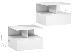 HOMCOM Set 2 Comodini Sospesi: Stazione di Ricarica, Cassetto, Scaffale, Bianco | Aosom Italy