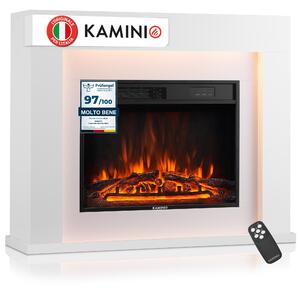 KAMINIO Camino elettrico MATTI - Caminetto da pavimento con riscaldamento, effetto fiamma 3D, luce ambiente a LED, telecomando - Bianco