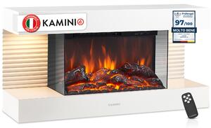 KAMINIO Camino elettrico LIZ - Caminetto elettrico da parete con riscaldamento, effetto fiamma 3D, luce ambiente a LED, telecomando - Bianco