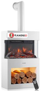 KAMINIO Camino elettrico HENRI con tubo del camino - Stufa elettrica con riscaldamento, effetto fiamma 3D, vano portalegna, telecomando - Bianco