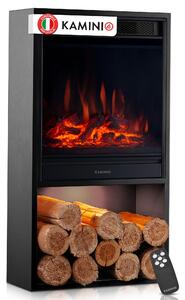 KAMINIO Camino elettrico HUGO - Stufa elettrica con riscaldamento, effetto fiamma 3D, luce d'atmosfera a LED, vano legna, telecomando - Nero