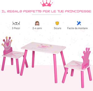 HOMCOM Set Tavolo e 2 Sedie a Tema Principesse per Cameretta Bambini in Legno Rosa con Schienale a Forma di Corona