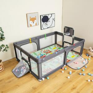 Costway Box per bambini con tappetino canestro reti da calcio e anelli, Centro attività con borsa di trasporto Grigio scuro