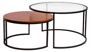 Tavolini bassi rotondi impilabili in vetro temperato, legno massiccio di mango tinto e metallo nero (set da 2) TAHL