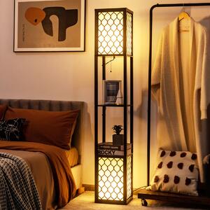 Costway Lampada a stelo e scaffale moderno con interruttore a pedale e a catena, Doppia lampada con 2 ripiani di legno