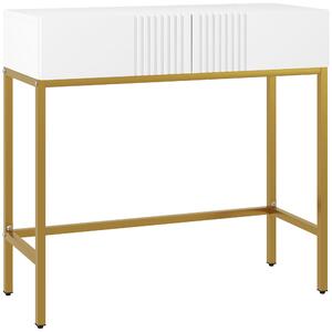 HOMCOM Tavolo Moderna per Ingresso a linee con 2 Cassetti e Gambe Dorate, Consolle con Rivestimento in plastica e Base in acciaio, Bianco|Aosom Italy