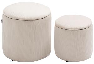 HOMCOM Set di 2 Pouf Contenitore Salvaspazio Rotondi e Imbottiti in Velluto a Coste, Bianco | Aosom Italy