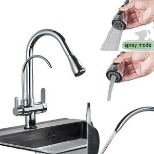 Rubinetto da cucina ad acqua filtrata, design a doppia maniglia, funzione spray estraibile, cromo